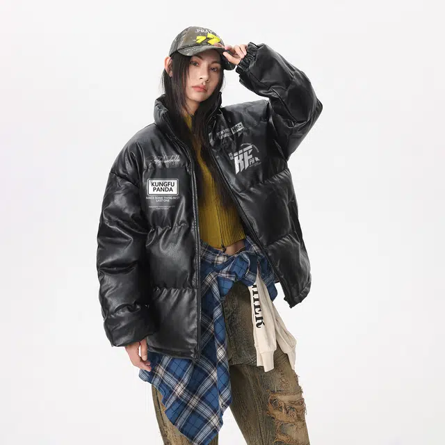功夫熊猫 美式复古嘻哈街头创意手绘字母印花基础款纯色加厚宽松休闲简约舒适时尚百搭潮流拉链棉服 男女同款