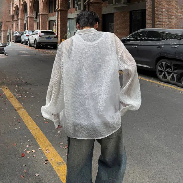 功夫熊猫 美式学院风肌理感清凉轻薄透气亲肤舒适小众个性设计宽松翻领日常休闲韩系慵懒百搭速干防晒长袖衬衫 男女同款