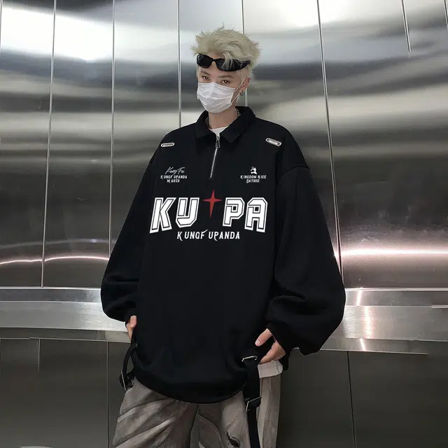 功夫熊猫 美式复古嘻哈街头风字母印花卡通动漫图案个性潮流时尚百搭宽松休闲舒适柔软上衣基础款纯色半拉链翻领长袖卫衣 男女同款