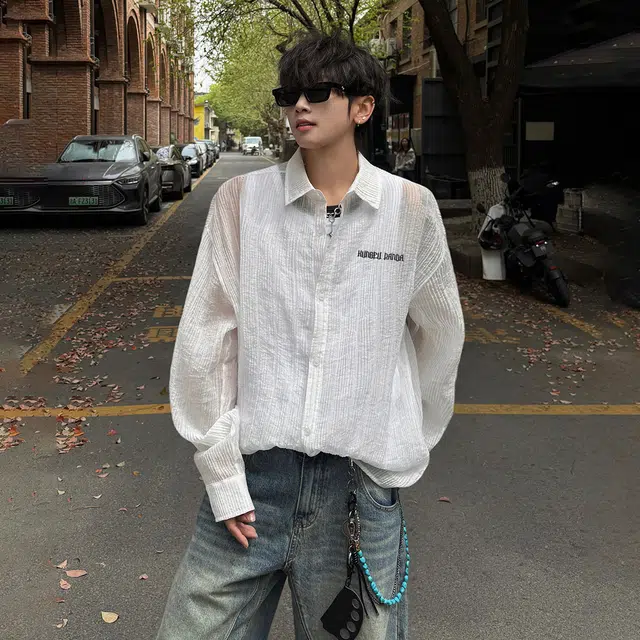 功夫熊猫 美式学院风肌理感清凉轻薄透气亲肤舒适小众个性设计宽松翻领日常休闲韩系慵懒百搭速干防晒长袖衬衫 男女同款