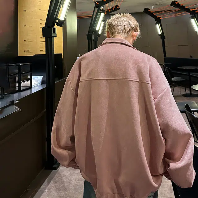 功夫熊猫 复古美式街头嘻哈风字母印花卡通图案个性时尚百搭麂皮绒纯色宽松舒适休闲拉链翻领落肩长袖夹克外套 男女同款