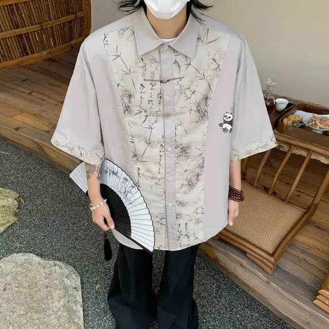 功夫熊猫 新中式东方美学水墨绘画竹子环球影城阿宝卡通动漫人物图案印花宽松休闲国风潮流短袖上衣百搭显瘦落肩垂感衬衫 男女同款