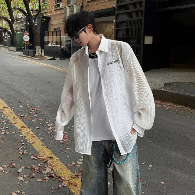 功夫熊猫 美式学院风肌理感清凉轻薄透气亲肤舒适小众个性设计宽松翻领日常休闲韩系慵懒百搭速干防晒长袖衬衫 男女同款