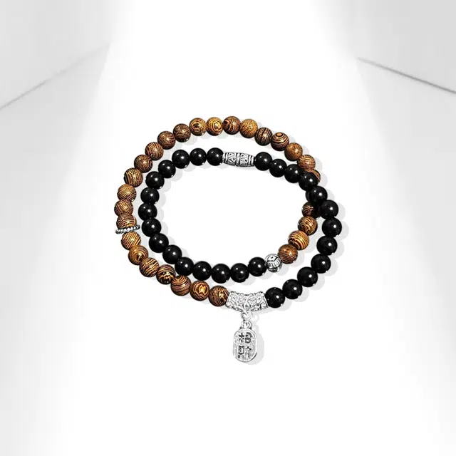 牧言 招财纳福 国潮复古民族风小众设计高级感 光面花纹圆珠镂空花丝祥云弯管流苏字牌双层叠戴手饰 鸡翅木 手串 男女同款情侣款