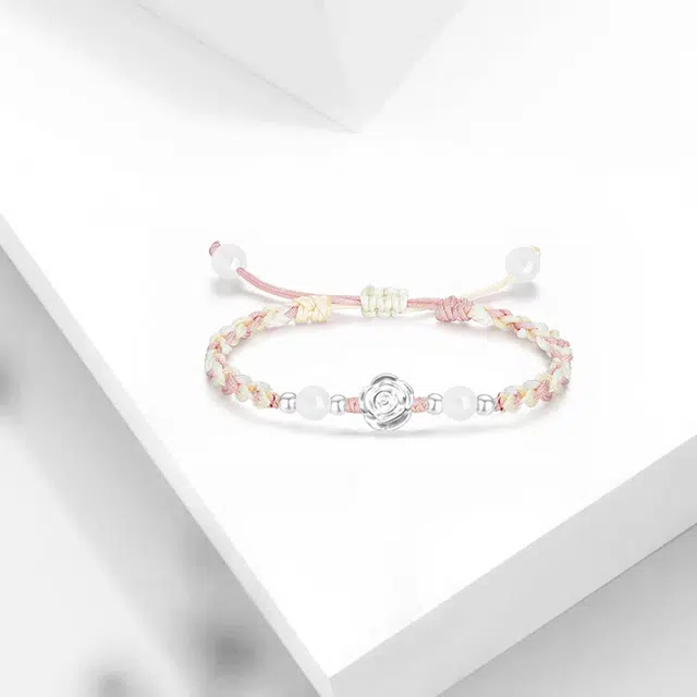 【纯银999】 牧言 玫瑰花 甜美森系气质简约小众设计高级感 立体磨砂花朵转运珠圆珠双色编织绳手饰 琉璃 手绳 女款
