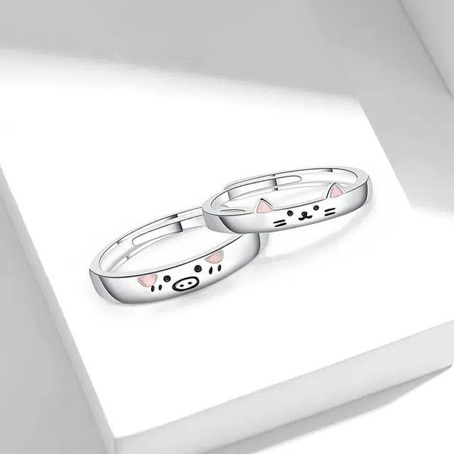 牧言 恋恋萌宠 萌趣可爱浪漫小众设计高级感 卡通猫猪素圈对戒可调节夜光变色指环日常约会好运 甜蜜饰爱  合金 戒指 男女同款情侣款