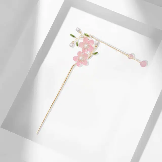 牧言 气质复古简约小众设计高级感 立体冰透花朵交织树枝树叶流苏步摇圆珠盘发发饰 发簪 女款