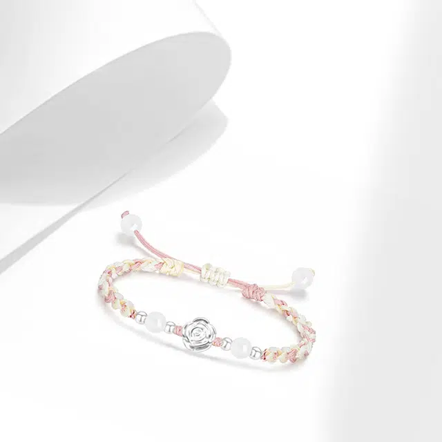【纯银999】 牧言 玫瑰花 甜美森系气质简约小众设计高级感 立体磨砂花朵转运珠圆珠双色编织绳手饰 琉璃 手绳 女款