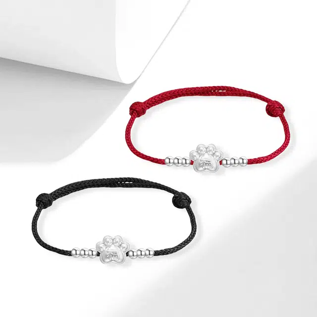 【S999纯银】 牧言 福气猫爪系列 复古新中式国潮小众设计高级感 立体磨砂福字猫掌圆珠编织绳手饰 好运 足银 手绳 男女同款情侣款