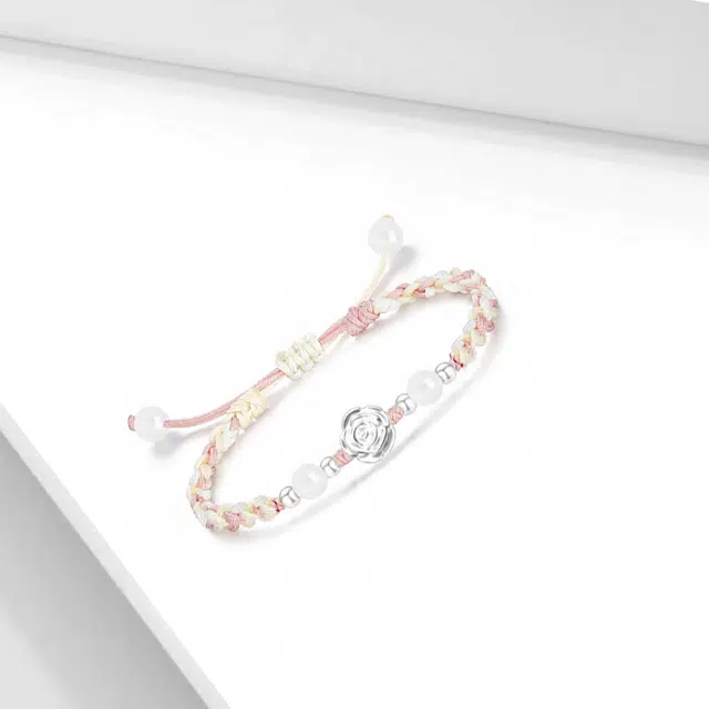 【纯银999】 牧言 玫瑰花 甜美森系气质简约小众设计高级感 立体磨砂花朵转运珠圆珠双色编织绳手饰 琉璃 手绳 女款