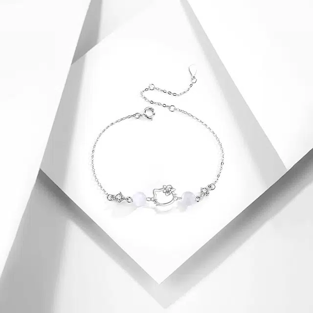 牧言 花朵猫咪 甜美可爱森系气质简约小众设计高级感 光面立体萌趣卡通蝴蝶花镂空小猫圆珠百搭手饰 琉璃 手链 女款