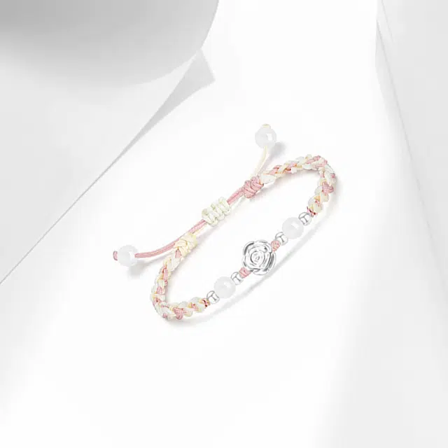 【纯银999】 牧言 玫瑰花 甜美森系气质简约小众设计高级感 立体磨砂花朵转运珠圆珠双色编织绳手饰 琉璃 手绳 女款