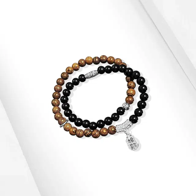 牧言 招财纳福 国潮复古民族风小众设计高级感 光面花纹圆珠镂空花丝祥云弯管流苏字牌双层叠戴手饰 鸡翅木 手串 男女同款情侣款