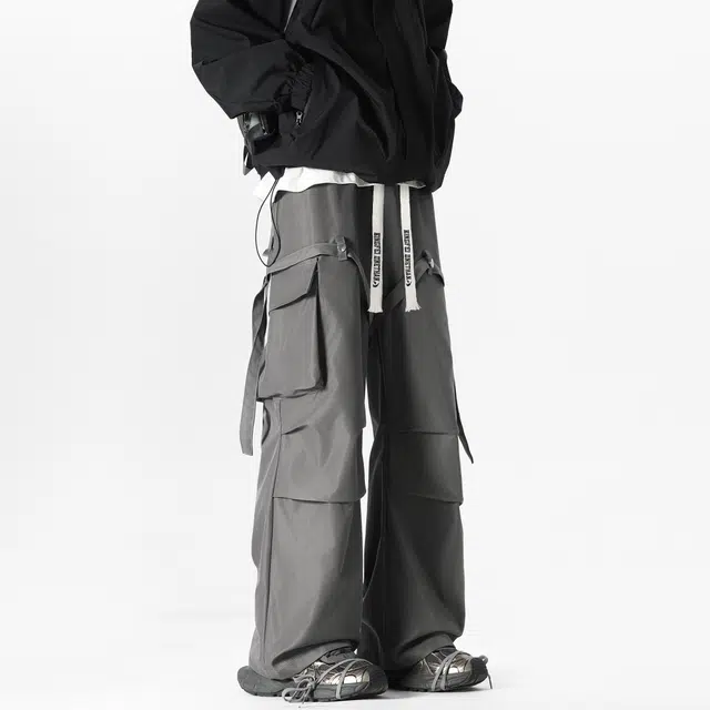 冰飞 美式高街复古直筒垂感阔腿户外休闲机能风降落伞褶皱飘带设计百搭无性别工装裤 男女同款