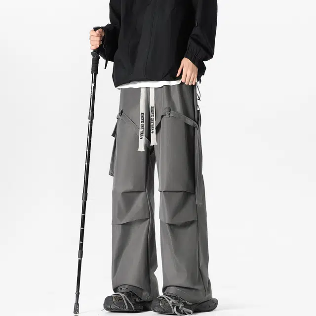 冰飞 美式高街复古直筒垂感阔腿户外休闲机能风降落伞褶皱飘带设计百搭无性别工装裤 男女同款