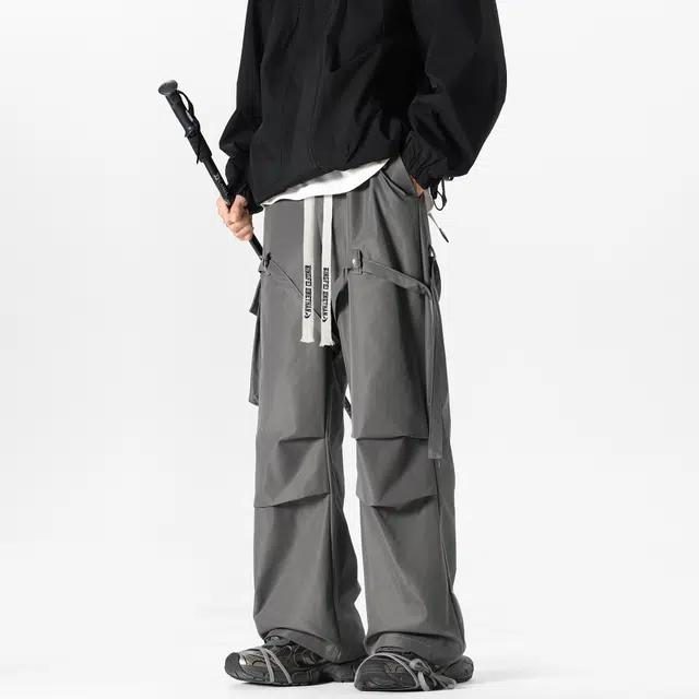冰飞 美式高街复古直筒垂感阔腿户外休闲机能风降落伞褶皱飘带设计百搭无性别工装裤 男女同款