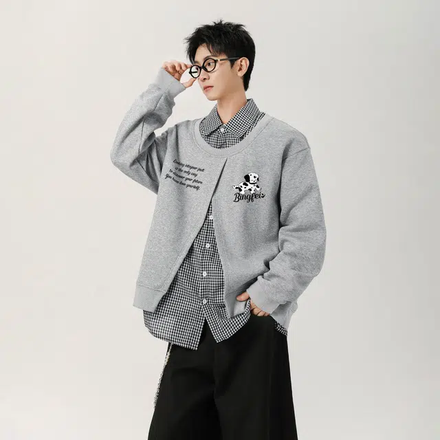 冰飞 韩系复古时尚设计感卡通动漫字母印花图案舒适柔软假两件格子衬衫长袖日常户外通勤卫衣 男女同款