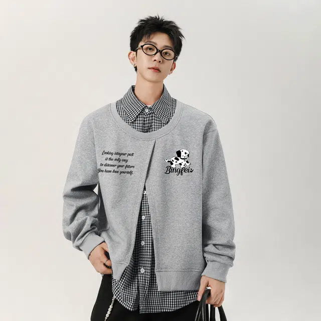 冰飞 韩系复古时尚设计感卡通动漫字母印花图案舒适柔软假两件格子衬衫长袖日常户外通勤卫衣 男女同款