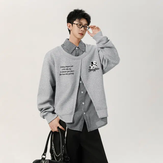 冰飞 韩系复古时尚设计感卡通动漫字母印花图案舒适柔软假两件格子衬衫长袖日常户外通勤卫衣 男女同款