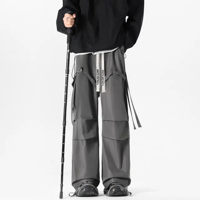 冰飞 美式高街复古直筒垂感阔腿户外休闲机能风降落伞褶皱飘带设计百搭无性别工装裤 男女同款