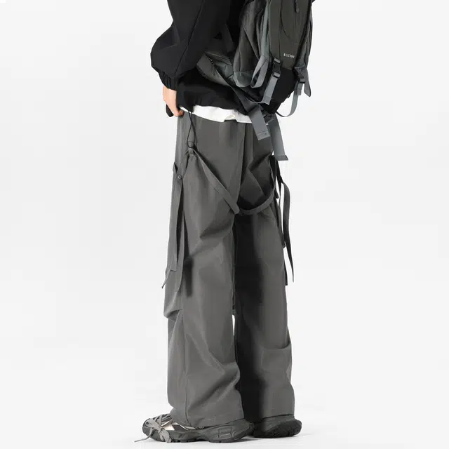 冰飞 美式高街复古直筒垂感阔腿户外休闲机能风降落伞褶皱飘带设计百搭无性别工装裤 男女同款
