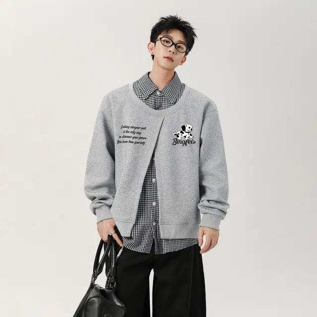 冰飞 韩系复古时尚设计感卡通动漫字母印花图案舒适柔软假两件格子衬衫长袖日常户外通勤卫衣 男女同款