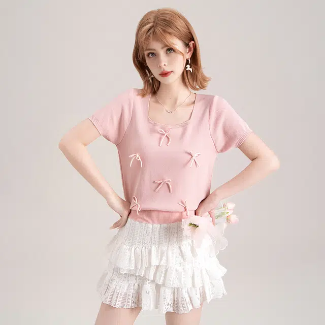 法文箱子 蝴蝶结方领设计甜美风格纯色常规短袖针织衫 女款