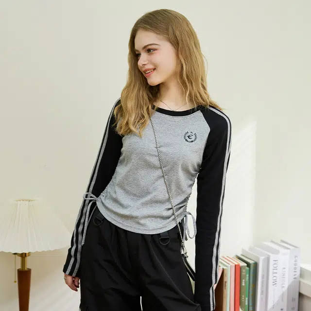 法文箱子 抽绳撞色设计感插肩长袖针织衫 女款 灰色