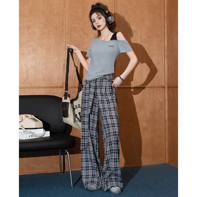 法文箱子 设计感斜领短袖纯色连袖常规高腰长裤休闲套装 女款