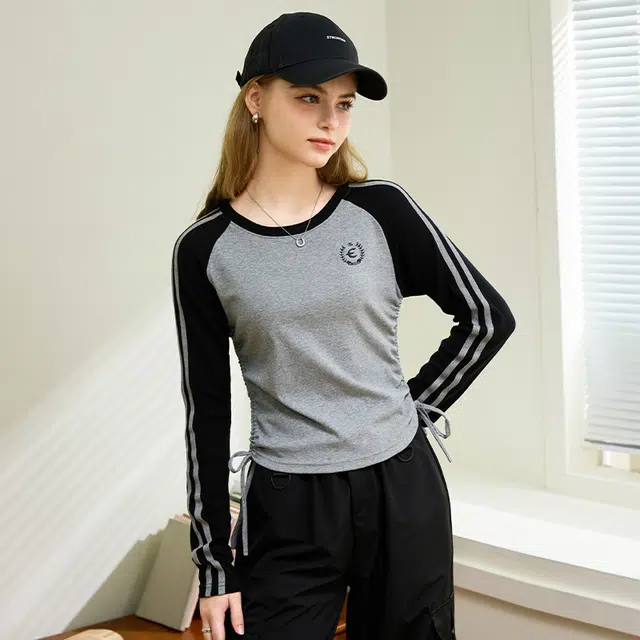 法文箱子 抽绳撞色设计感插肩长袖针织衫 女款 灰色