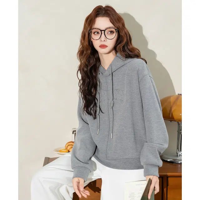 法文箱子 刺绣复古休闲长袖卫衣 女款 深花灰