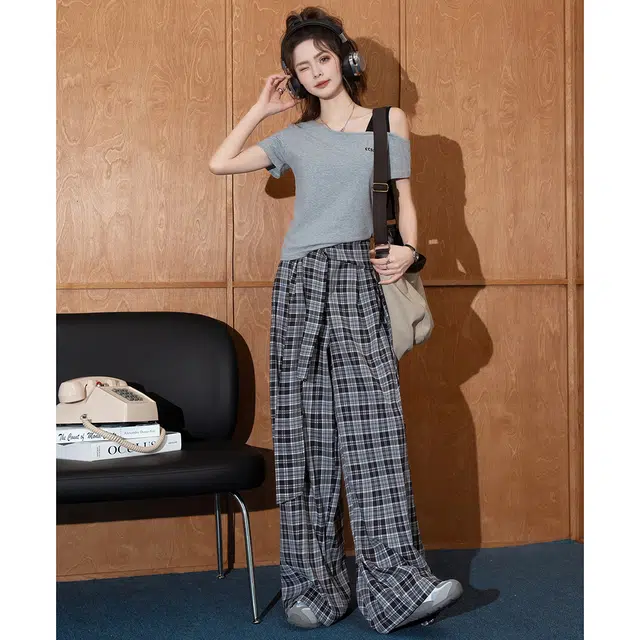 法文箱子 设计感斜领短袖纯色连袖常规高腰长裤休闲套装 女款