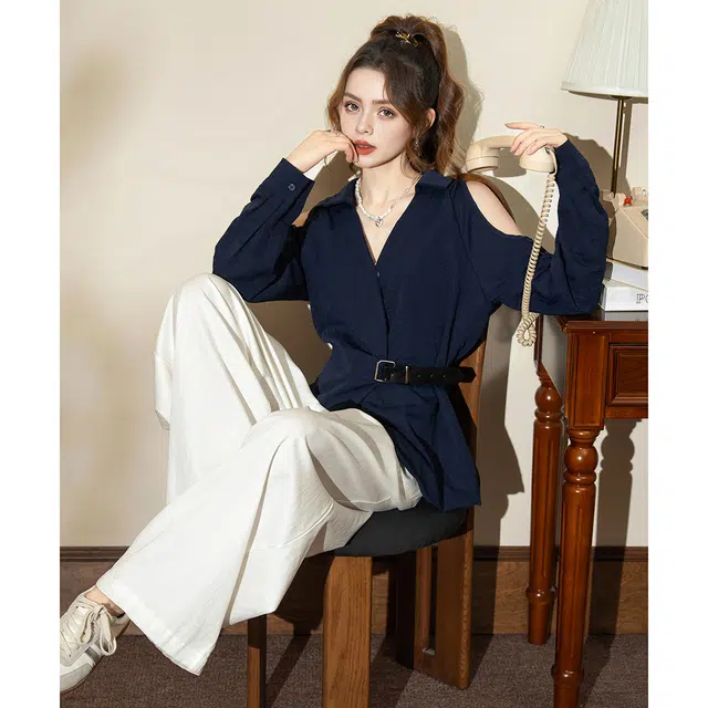 法文箱子 设计感露肩轻奢风收腰显瘦时尚百搭长袖衬衫 女款