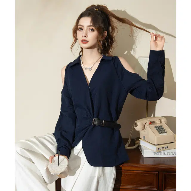 法文箱子 设计感露肩轻奢风收腰显瘦时尚百搭长袖衬衫 女款
