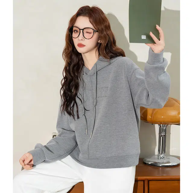 法文箱子 刺绣复古休闲长袖卫衣 女款 深花灰