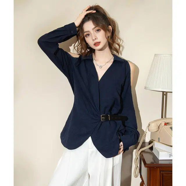 法文箱子 设计感露肩轻奢风收腰显瘦时尚百搭长袖衬衫 女款
