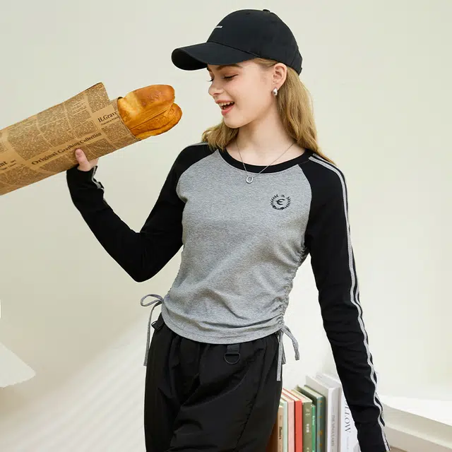 法文箱子 抽绳撞色设计感插肩长袖针织衫 女款 灰色