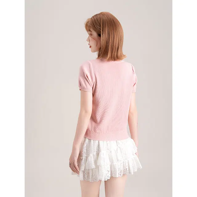 法文箱子 蝴蝶结方领设计甜美风格纯色常规短袖针织衫 女款