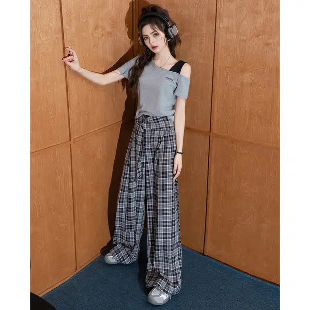 法文箱子 设计感斜领短袖纯色连袖常规高腰长裤休闲套装 女款