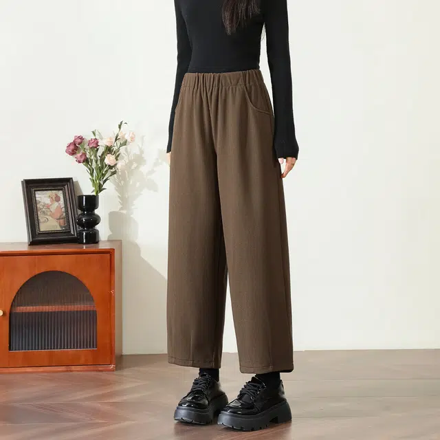 法文箱子 纯色高腰阔腿休闲裤 女款 咖啡