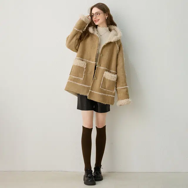 法文箱子 长袖口袋通勤绒感外套 女款 驼色