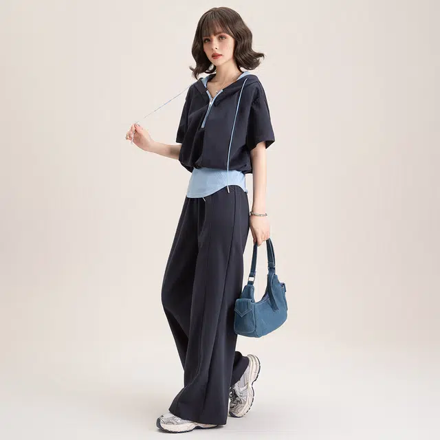 法文箱子 连帽短袖纯色落肩袖高腰长裤休闲套装 女款