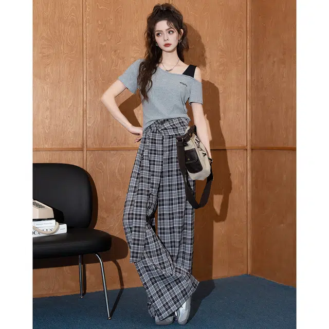 法文箱子 设计感斜领短袖纯色连袖常规高腰长裤休闲套装 女款