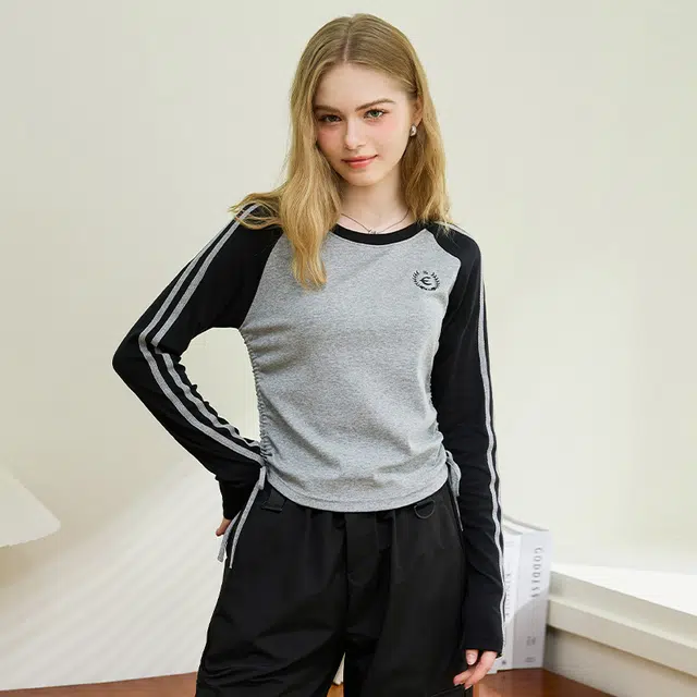 法文箱子 抽绳撞色设计感插肩长袖针织衫 女款 灰色