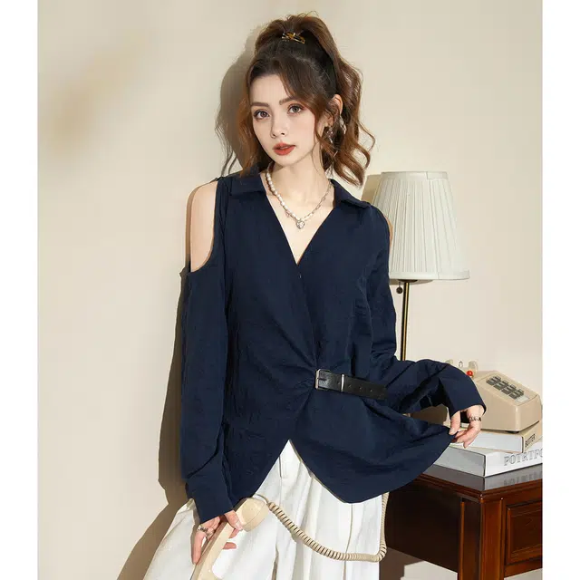 法文箱子 设计感露肩轻奢风收腰显瘦时尚百搭长袖衬衫 女款