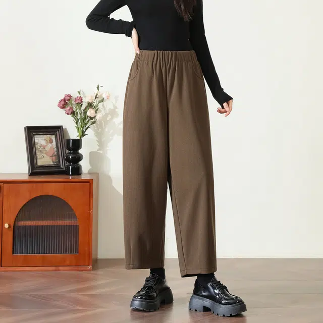 法文箱子 纯色高腰阔腿休闲裤 女款 咖啡