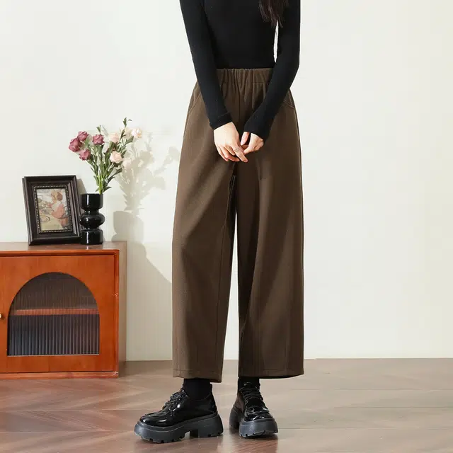 法文箱子 纯色高腰阔腿休闲裤 女款 咖啡