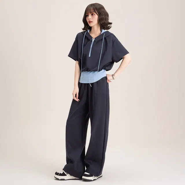 法文箱子 连帽短袖纯色落肩袖高腰长裤休闲套装 女款