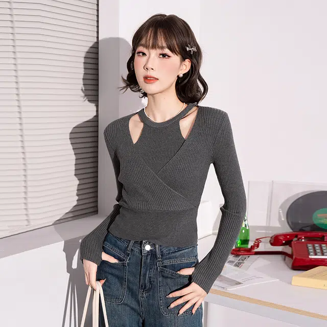 法文箱子 纯色圆领假两件毛衣 女款 黑色