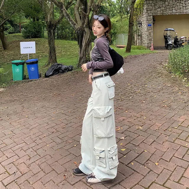 沃马 宽松阔腿多口袋休闲美式工装流行简约牛仔裤 男女同款 水洗白